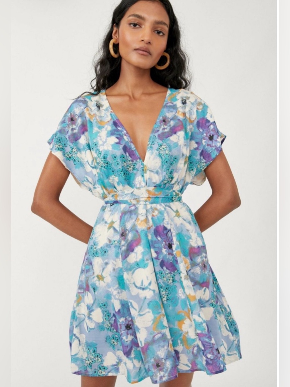 Free People Blue Floral Mini Dress with Purple & White Accents